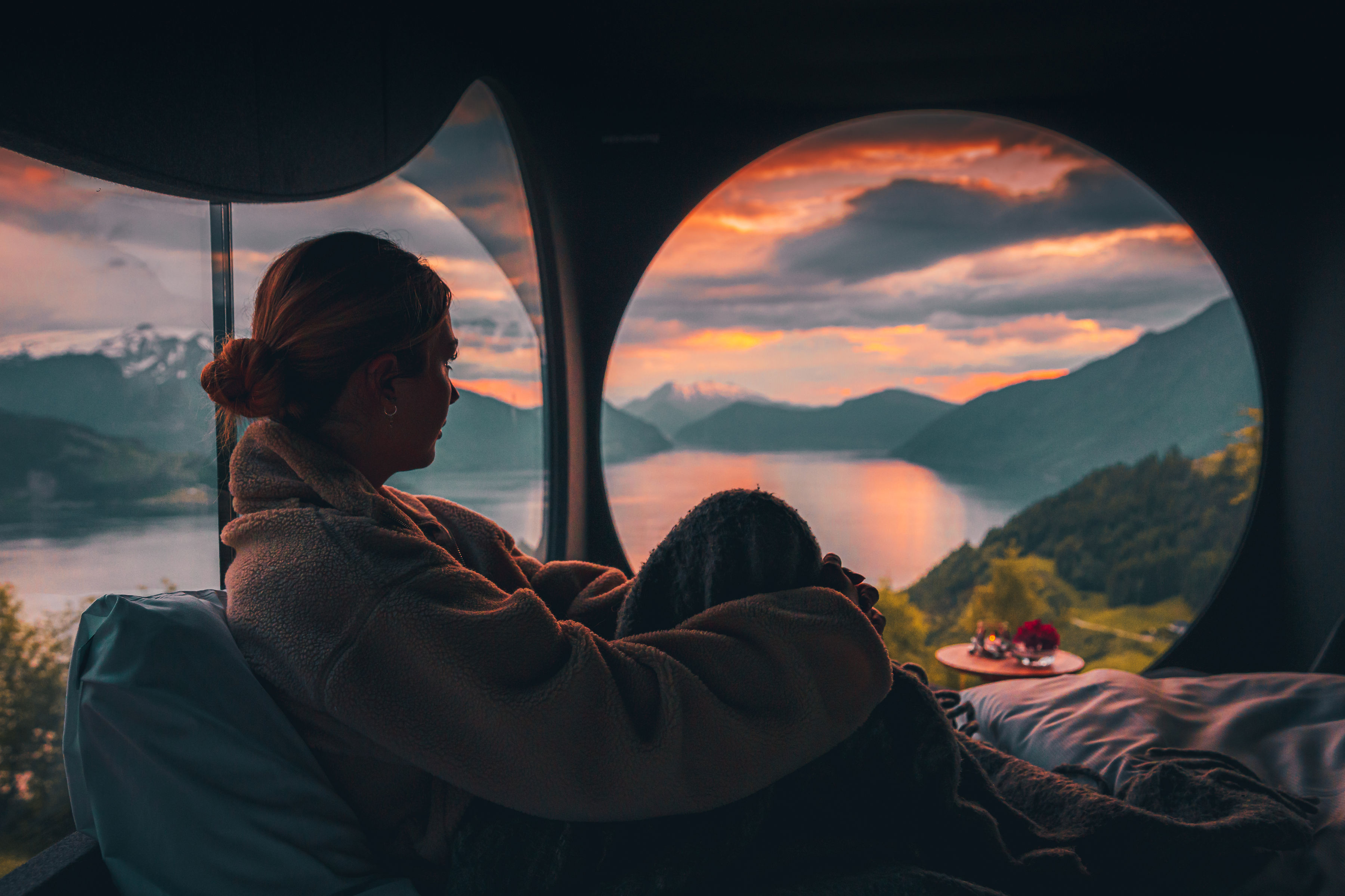 Cabin interior at dusk